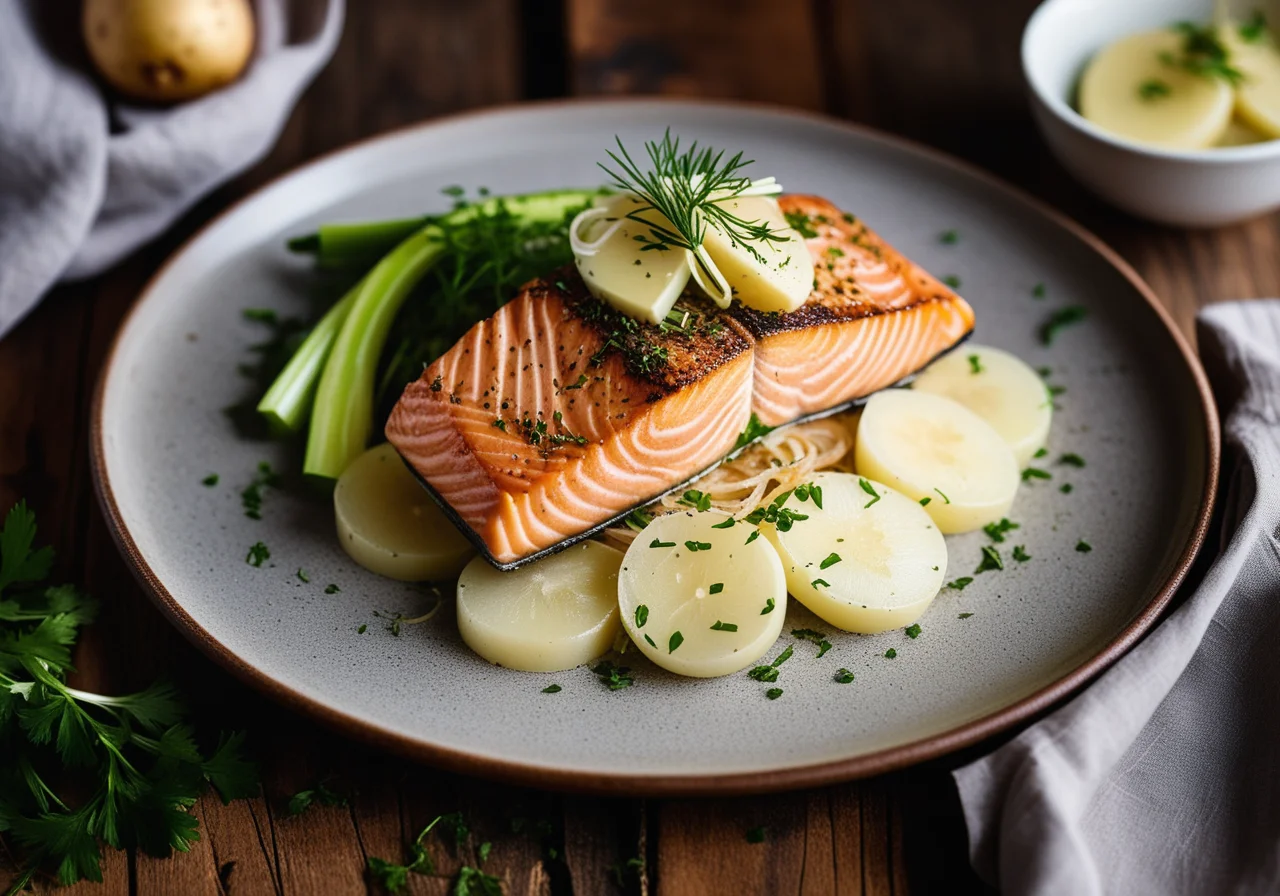 Salmon Fillet with Potatoes, Celery, Onions and Herbs