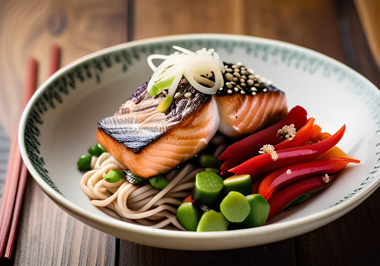 Soba Noodle Bowl with Miso Veggies and Teriyaki Salmon