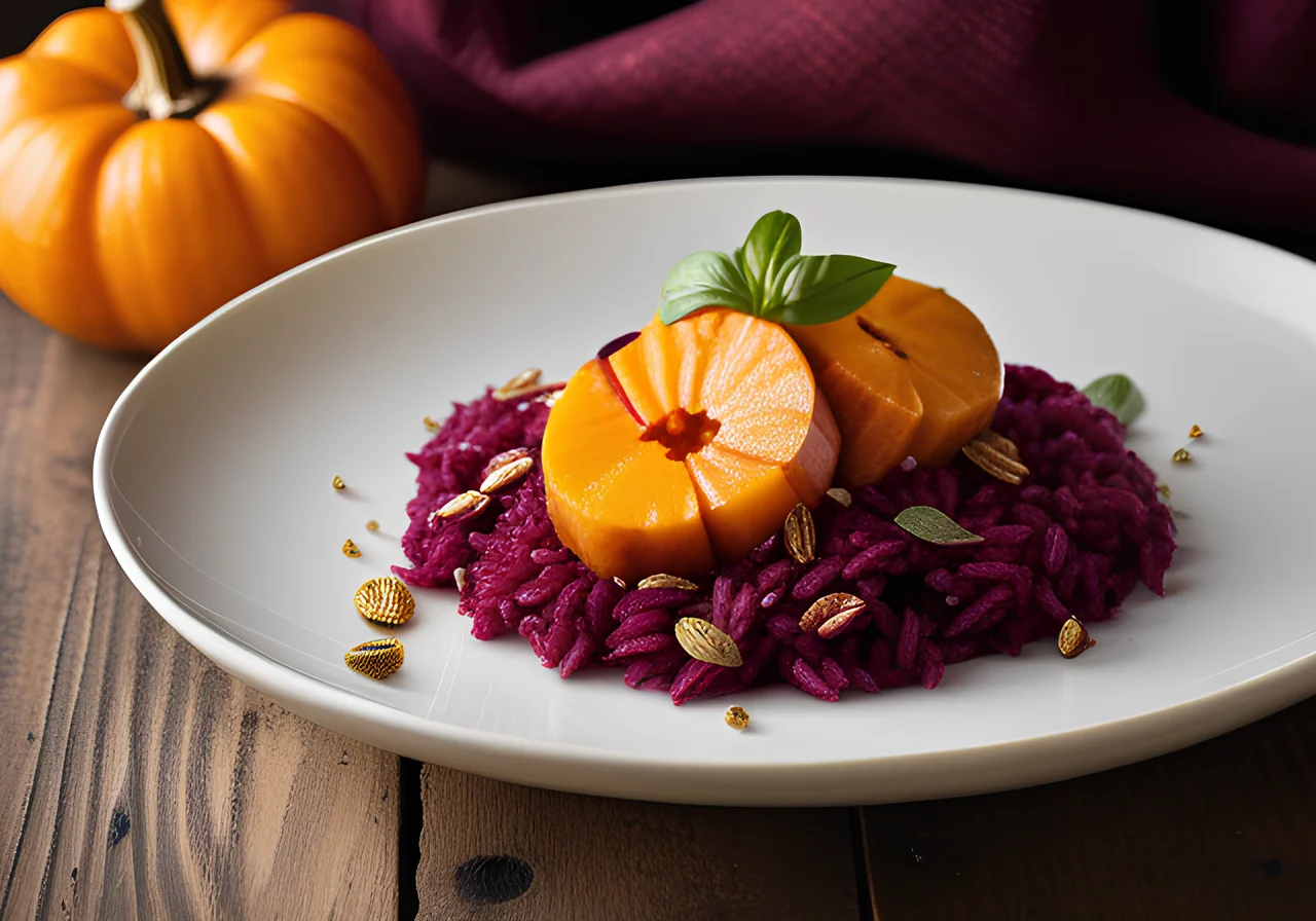 Roasted Pumpkin on Beetroot Rice Skillet with Parmesan Sauce