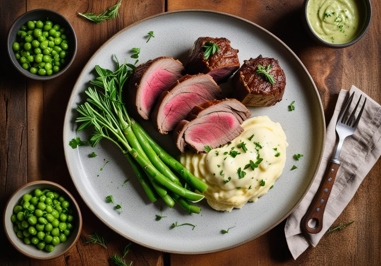 Lamb rack with potato–fennel puree and peas