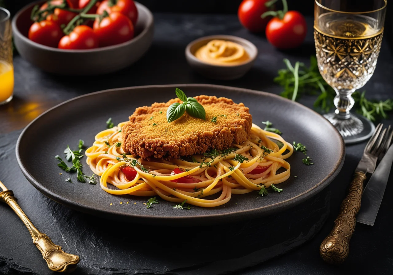 Veal Schnitzel with Saffron Sauce and Tomato Pasta