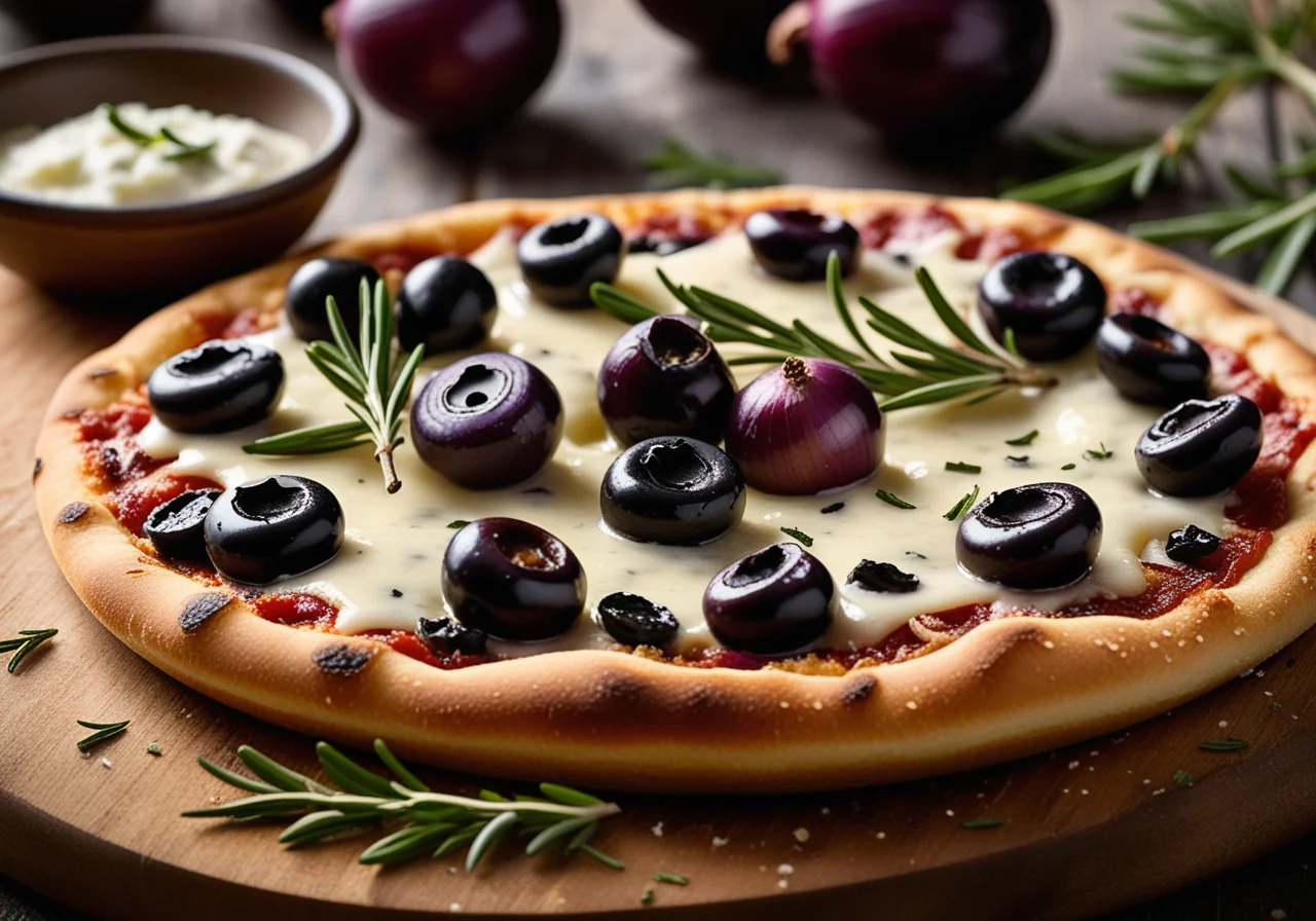 Gorgonzola Pizza with Onions, Rosemary and Olives
