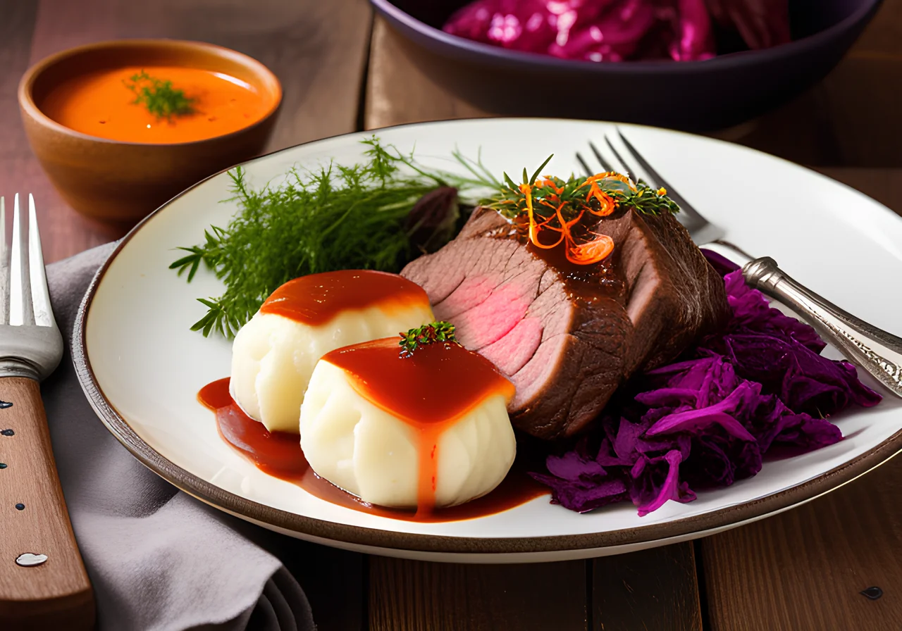 Beef Roast with Dumplings and Red Cabbage