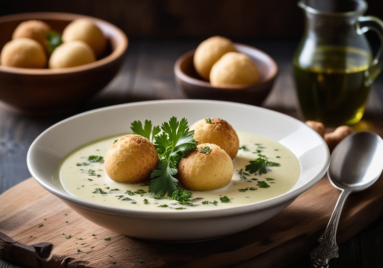 Spring Herb Soup with Morel Potato Puffballs