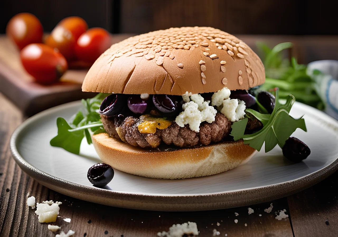Mediterranean Lamb Burger with Sheep Cheese, Sun‑Dried Tomatoes and Olives