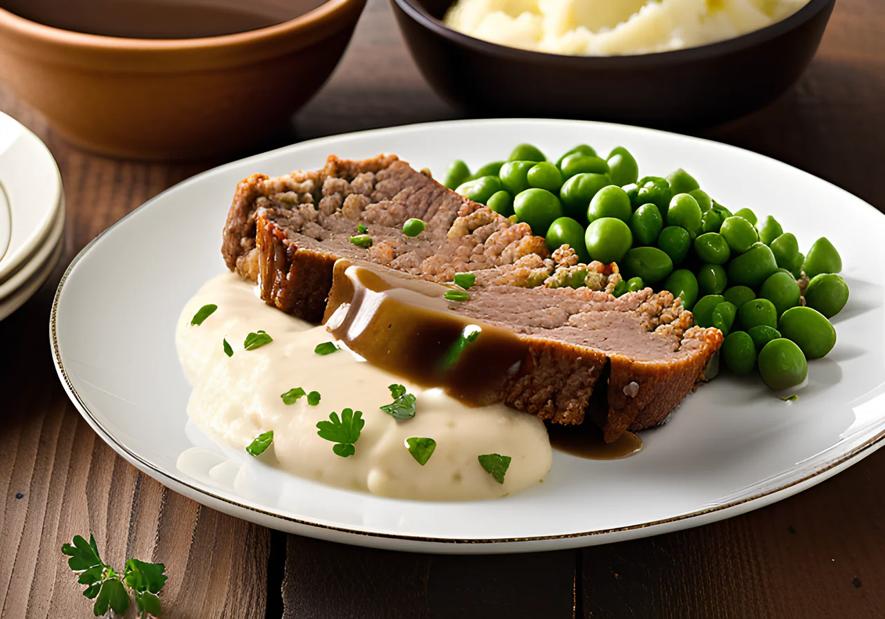 Meatloaf with Mushroom Sauce, Mashed Potatoes and Peas