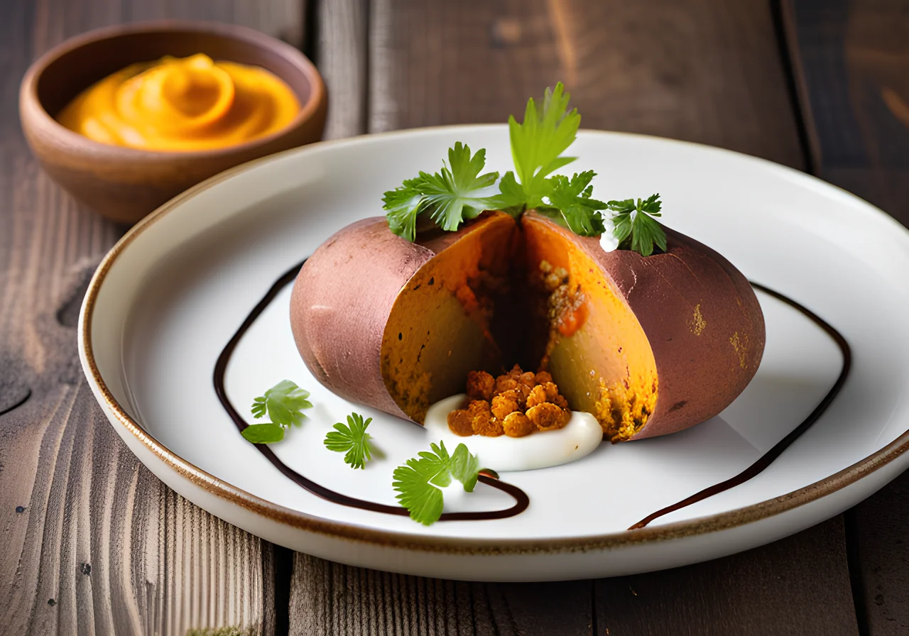 Stuffed Sweet Potato with Lentil Curry and Coconut Yogurt