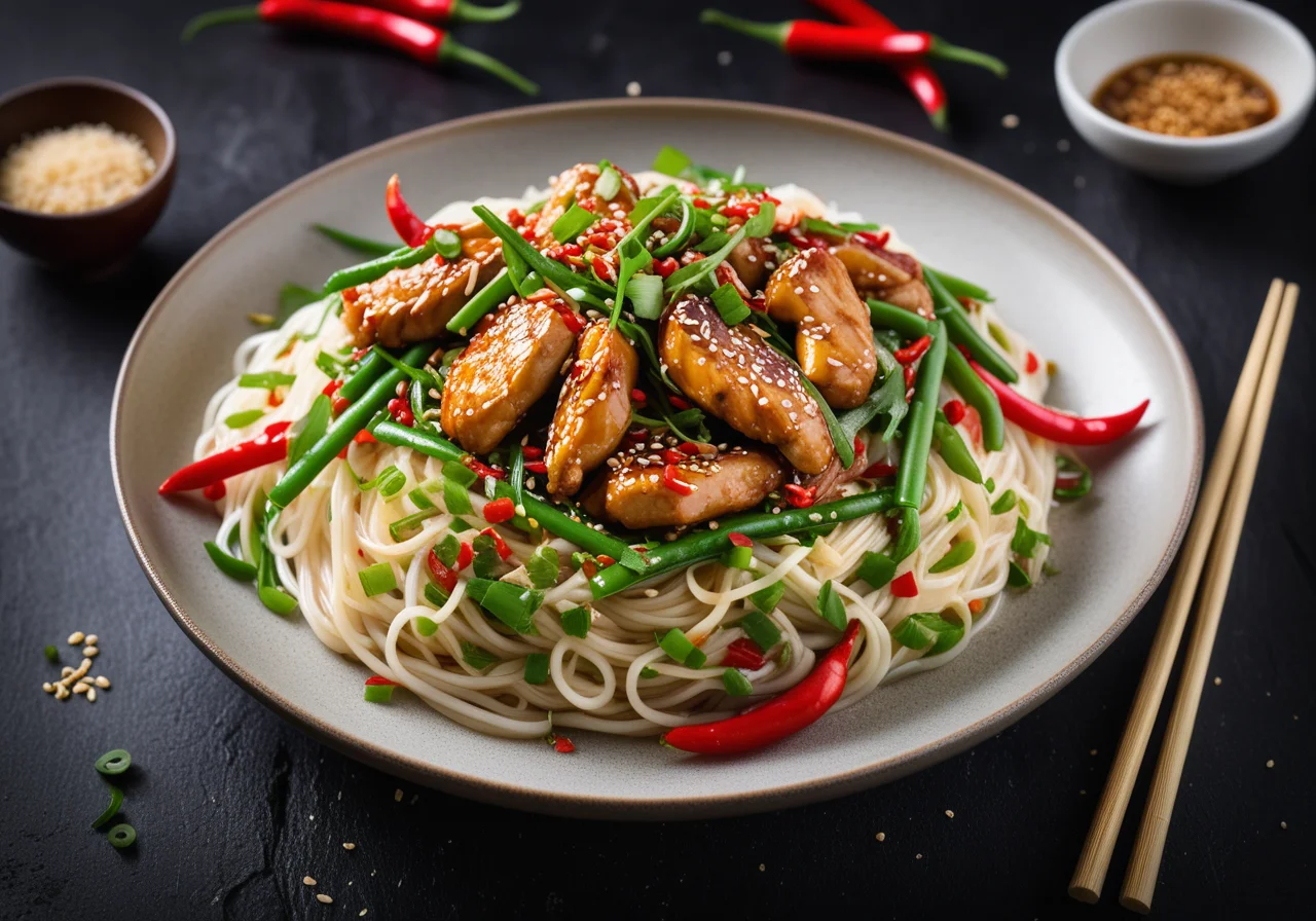 Glass Noodle Chicken Stir-Fry with Sprouts and Sesame