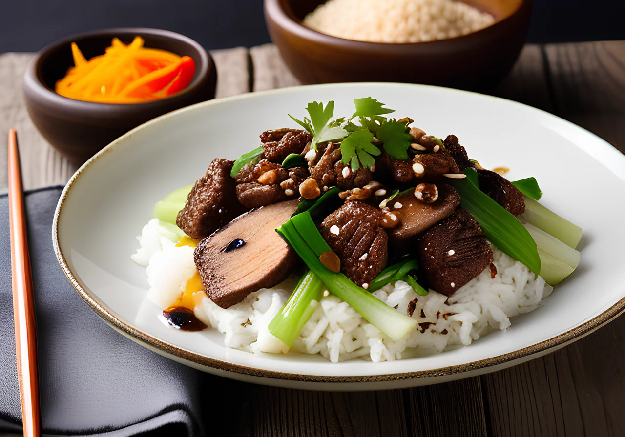Meat Stir-Fry with Shiitake and Pak Choi over Rice