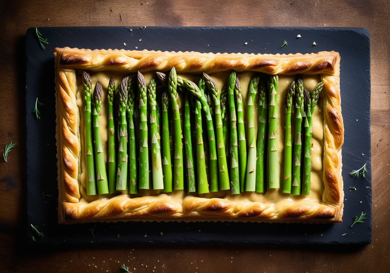Pie crust tart with asparagus and peas