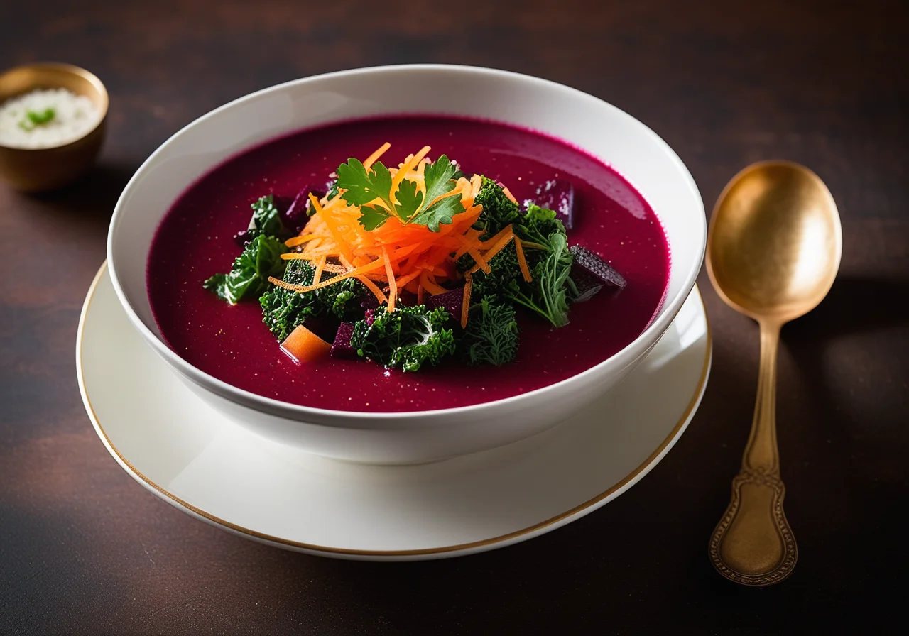 Red Beet Soup with Savoy Cabbage, Kimchi and Croutons