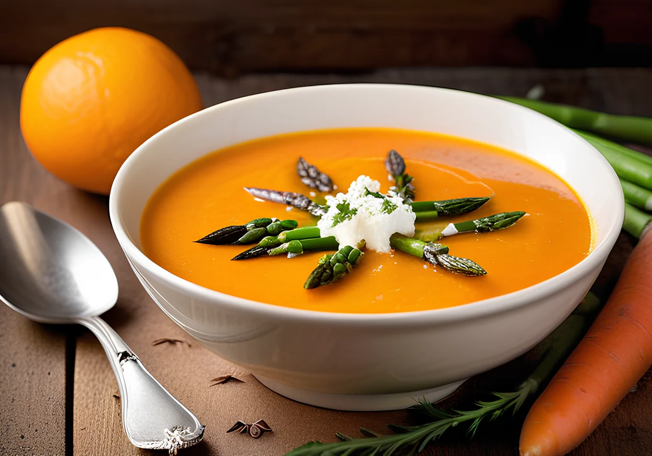 Carrot Soup with Green Asparagus and Goat Cheese