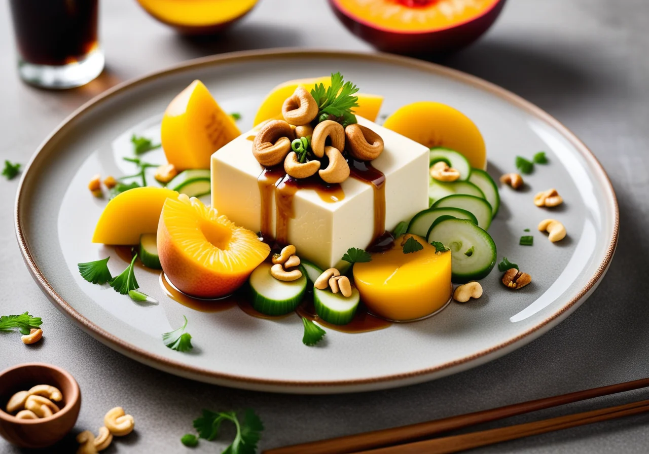 Silken tofu topped with spring onion salsa in maple soy sauce