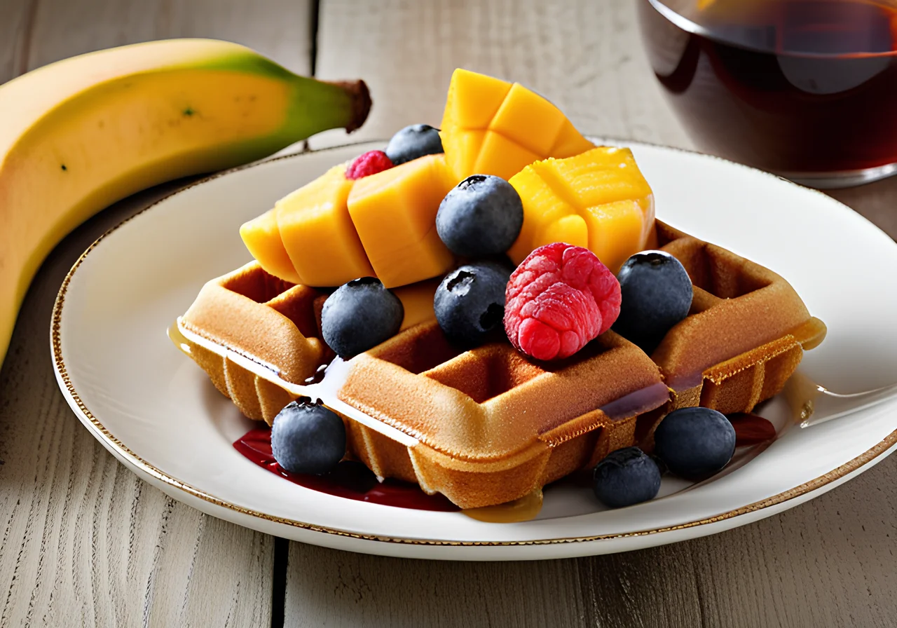 Whole Wheat Waffles with Fruit and Maple Syrup