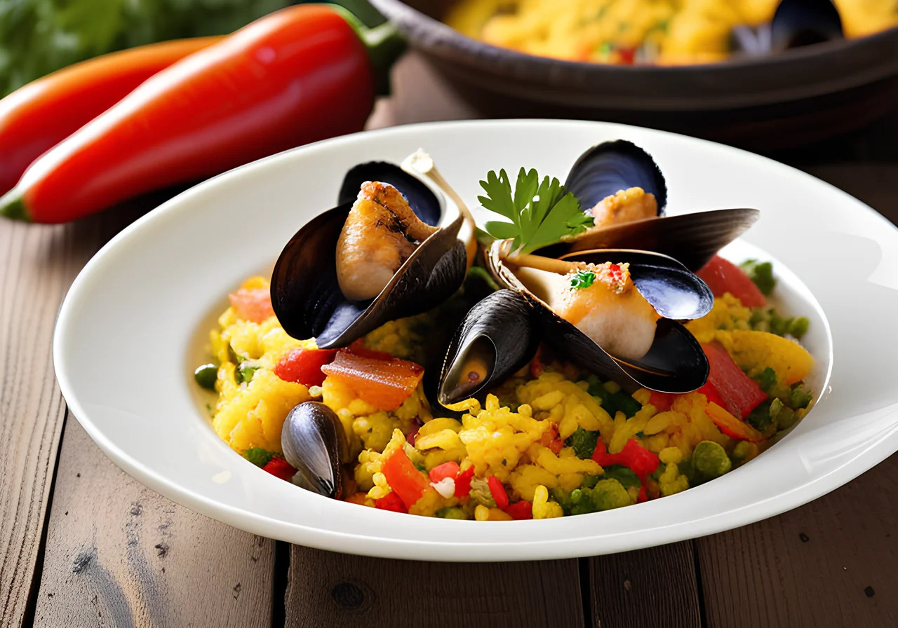 Paella with Various Meats, Spicy Sausage and Seafood
