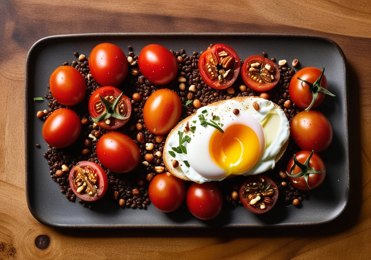Oven Tomatoes on Beluga Lentils with Poached Egg