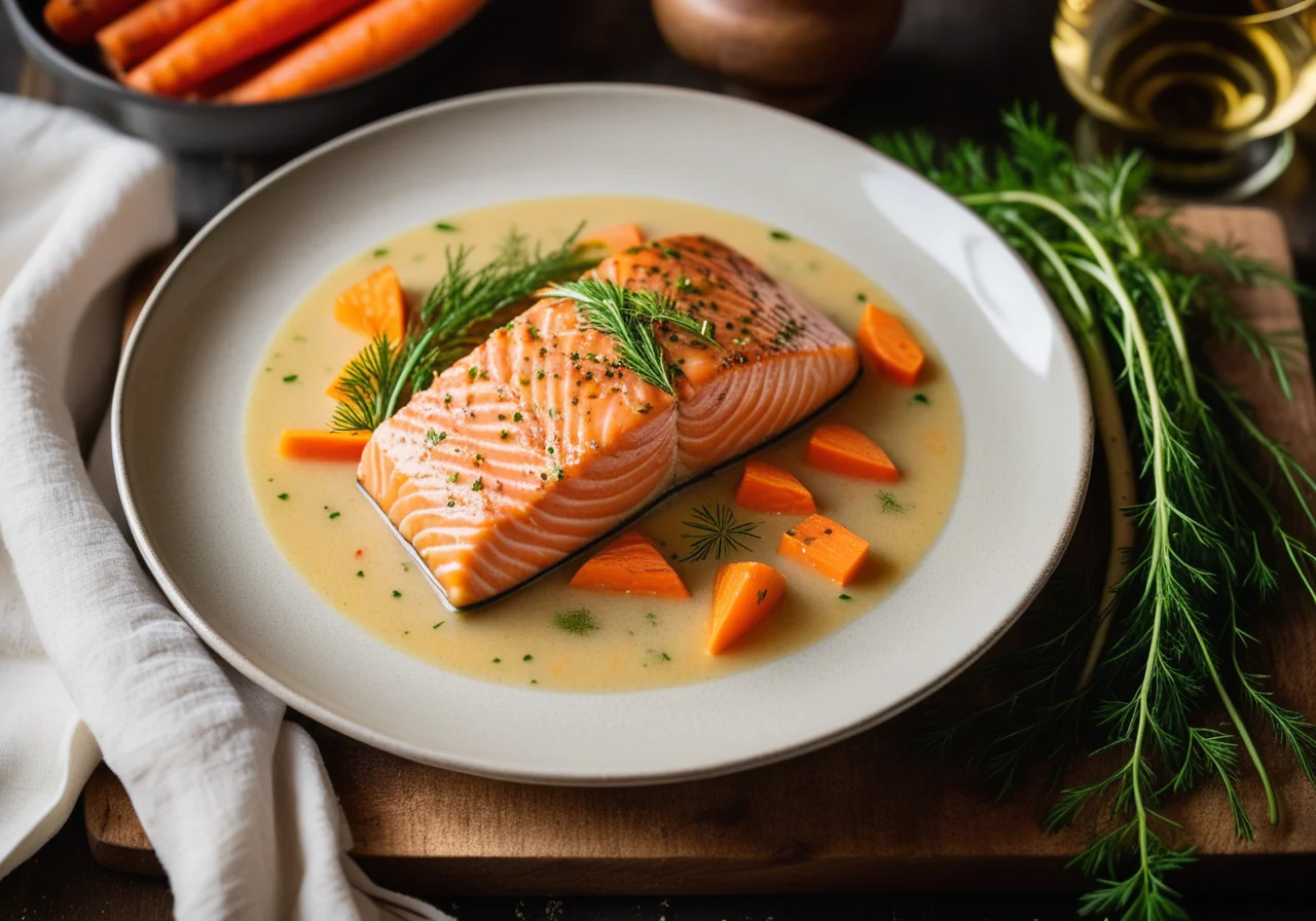 Salmon in White Wine Broth with Julienne