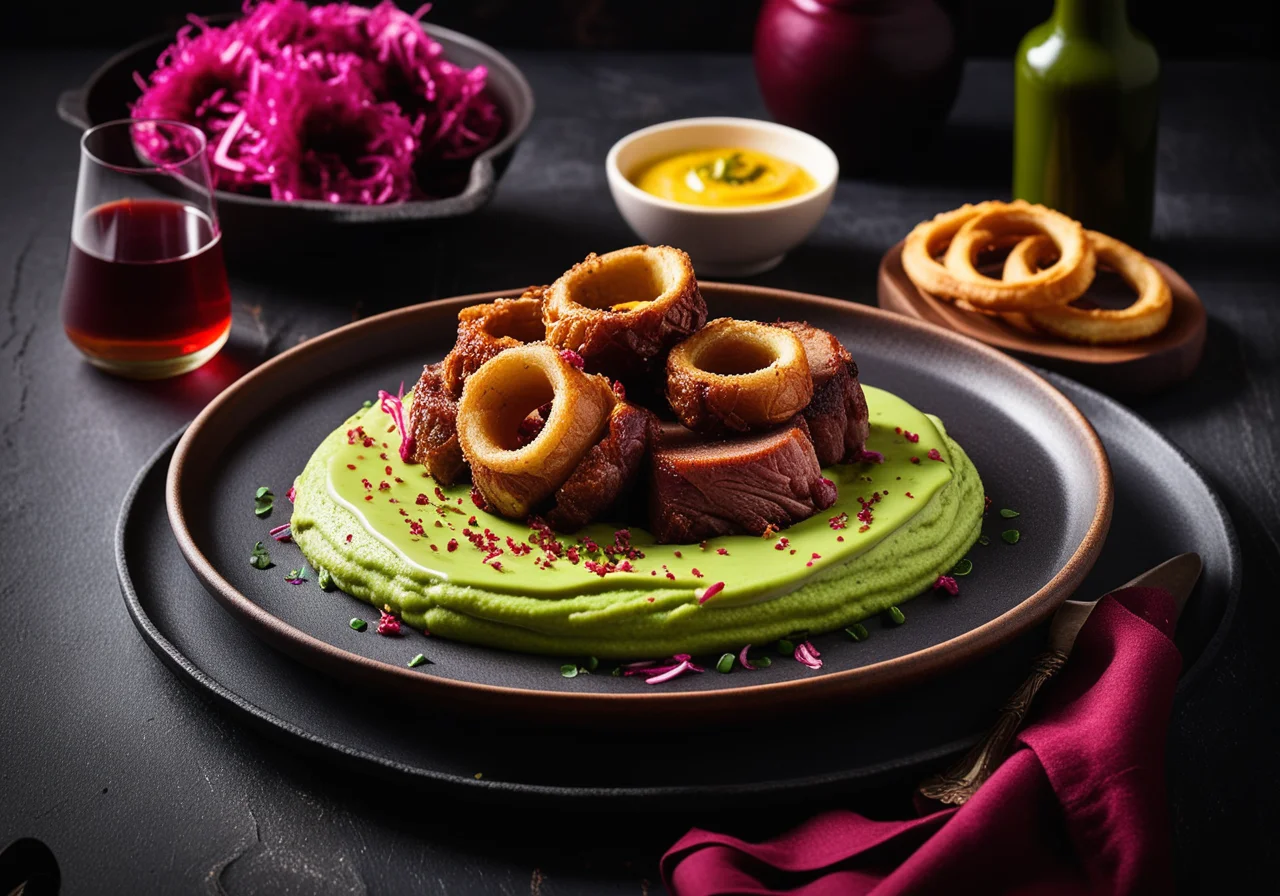 Pork Knuckle with Sauerkraut and Pea Puree