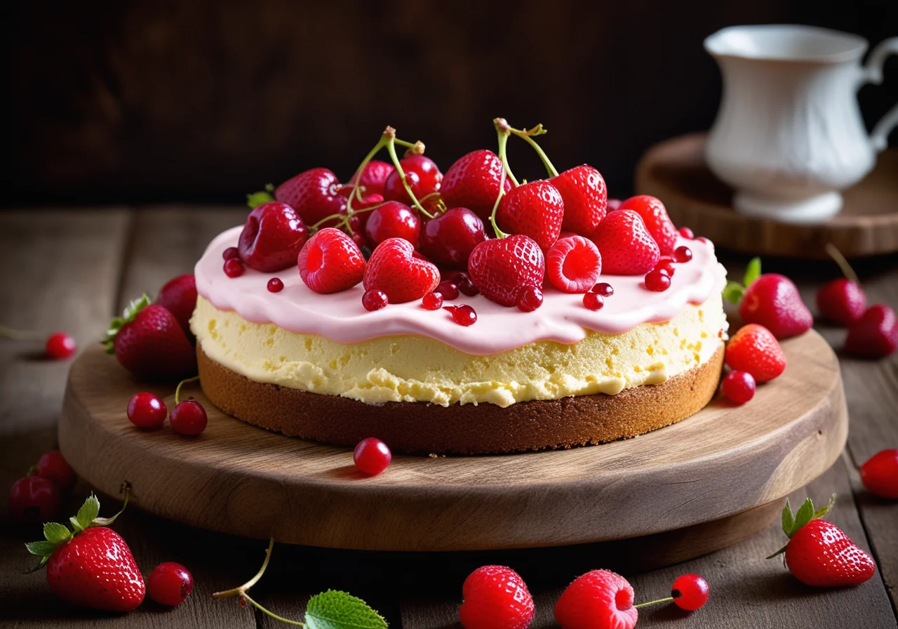 Quark Cream Cake with Red Currants and Strawberries