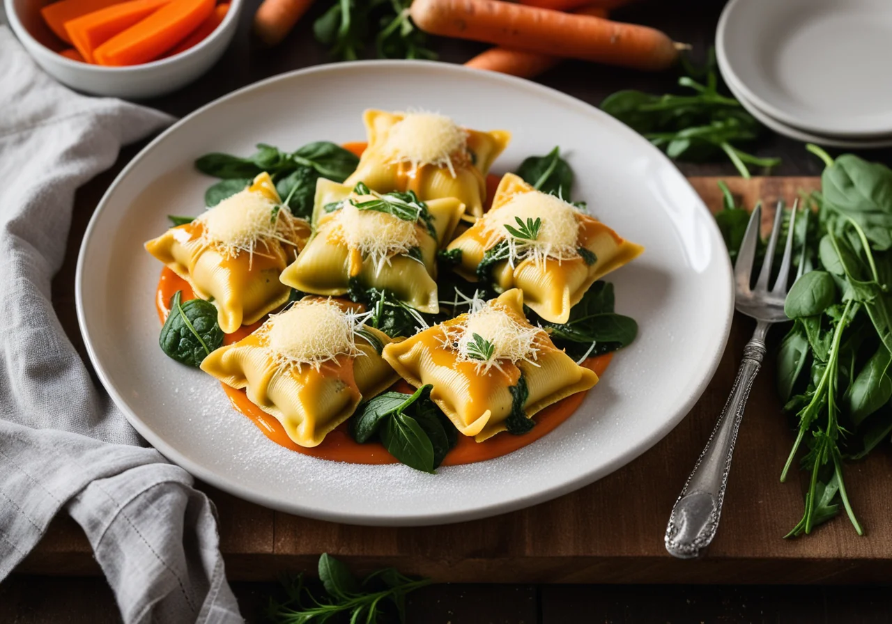 Stuffed Pasta with Artichokes, Carrots, Arugula and Goat Cheese