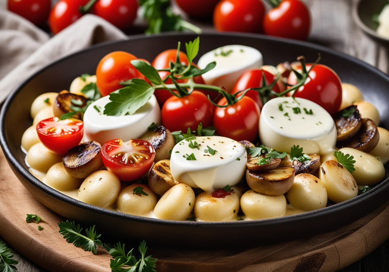 Baked Gnocchi with Oyster Mushrooms, Cherry Tomatoes and Mozzarella