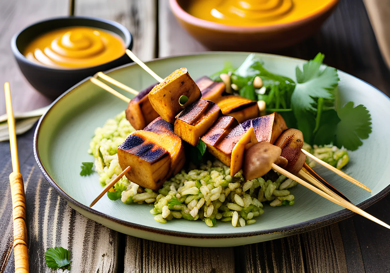 Sweet Potato Satay Skewers on Cilantro Rice
