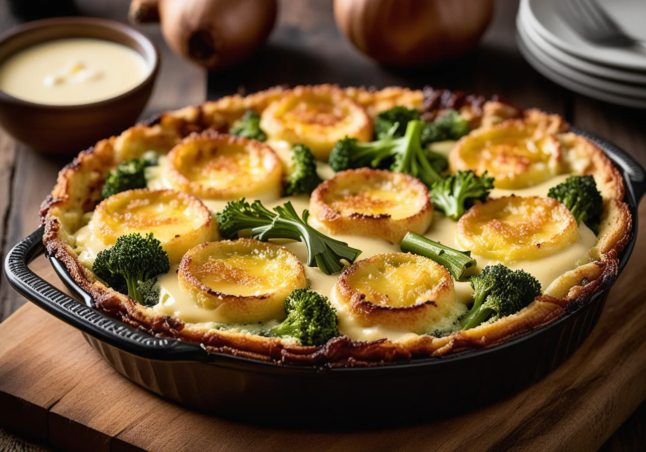 Broccoli gratin with caramelized onions