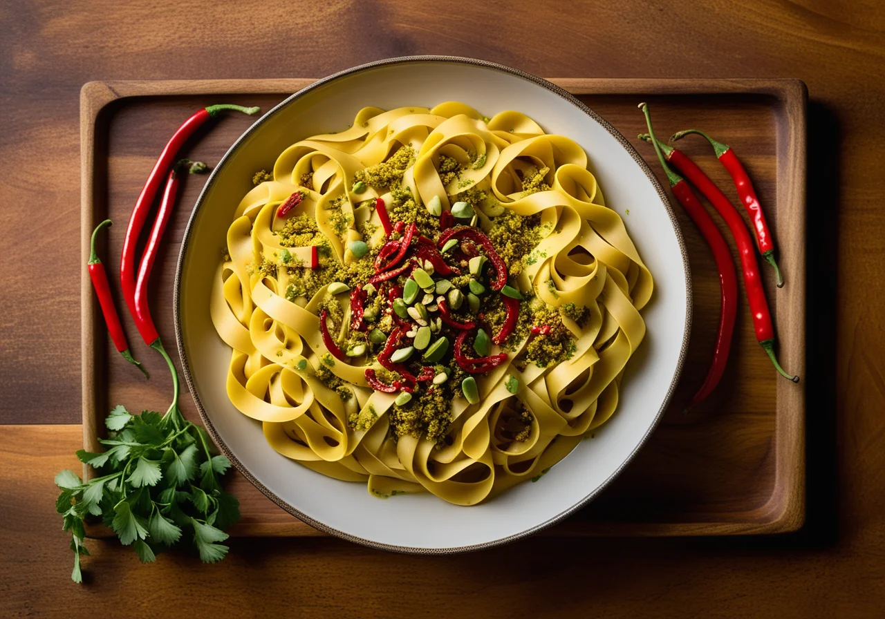 Vegetable Ribbon Noodles with Turmeric Pistachio Butter