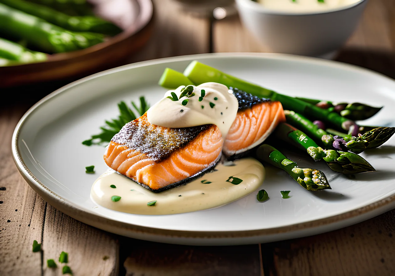 Salmon Fillet with Mascarpone Sauce and Green Asparagus