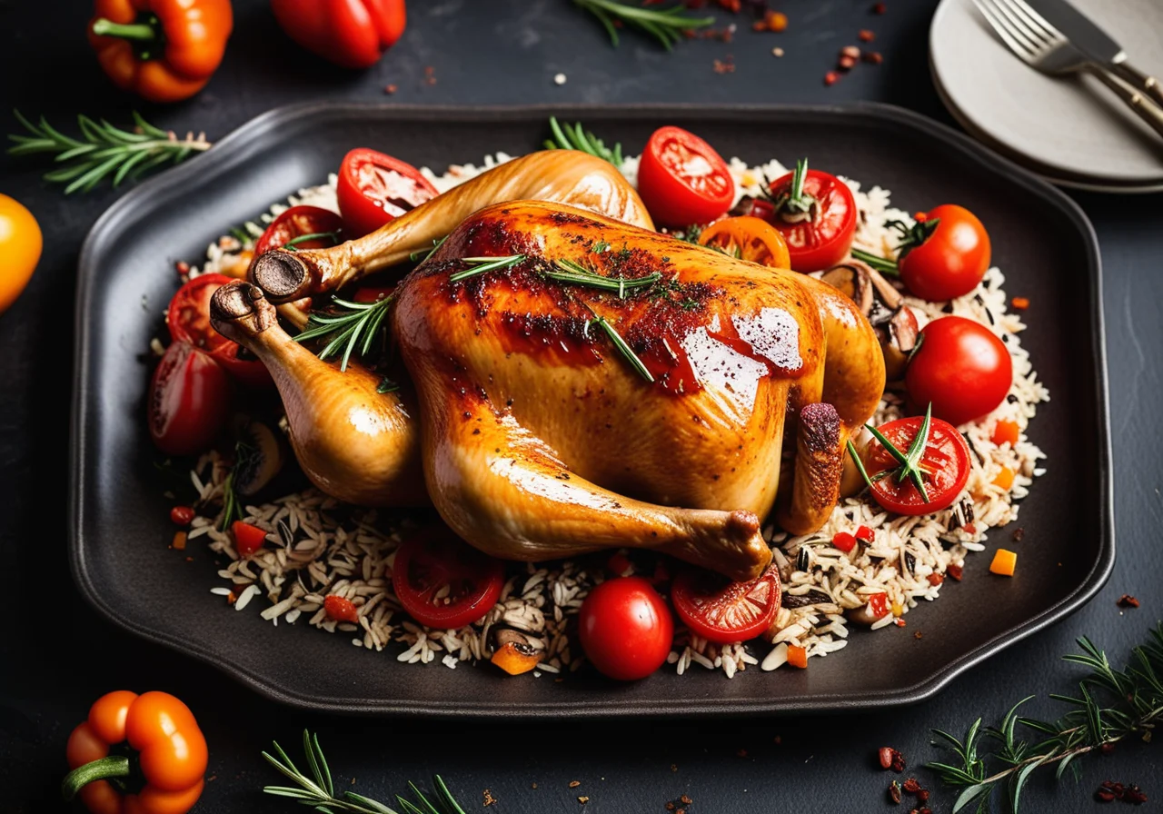 Roasted Chicken with Filling, Rice and Vegetables