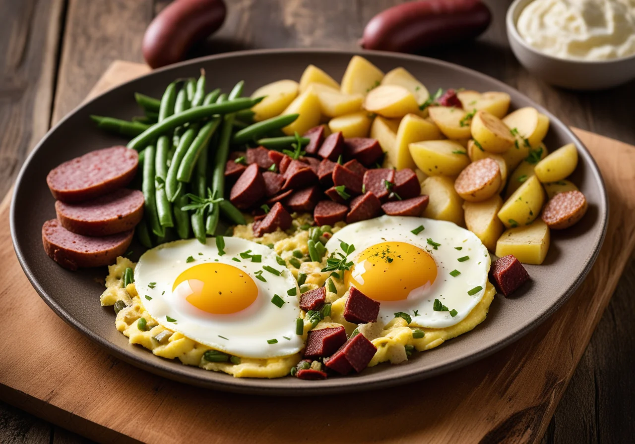 Omelette with beans, potatoes and sausage