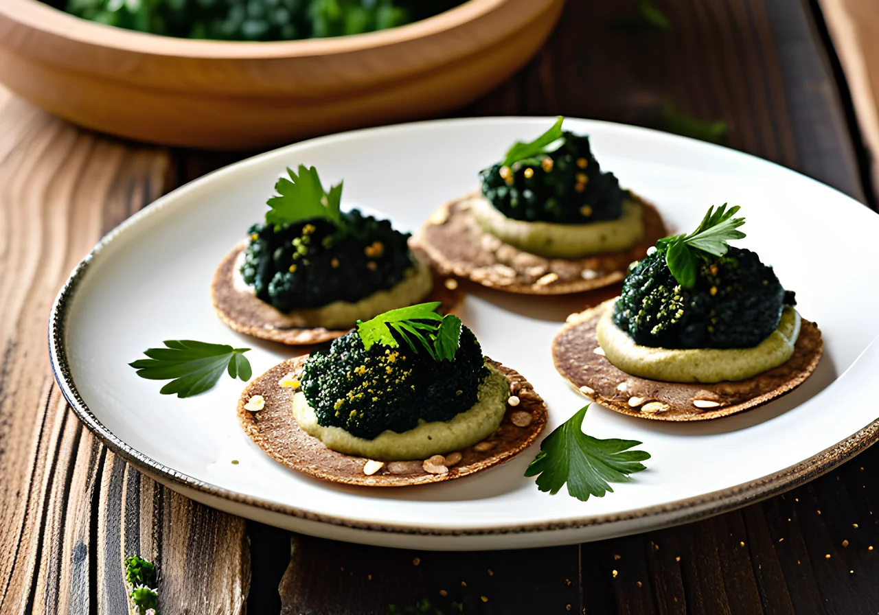 Buckwheat Blinis with Spirulina Hummus