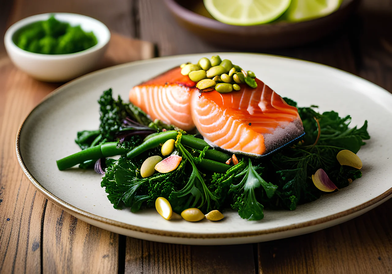 Lime Pistachio Salmon with Green Vegetables