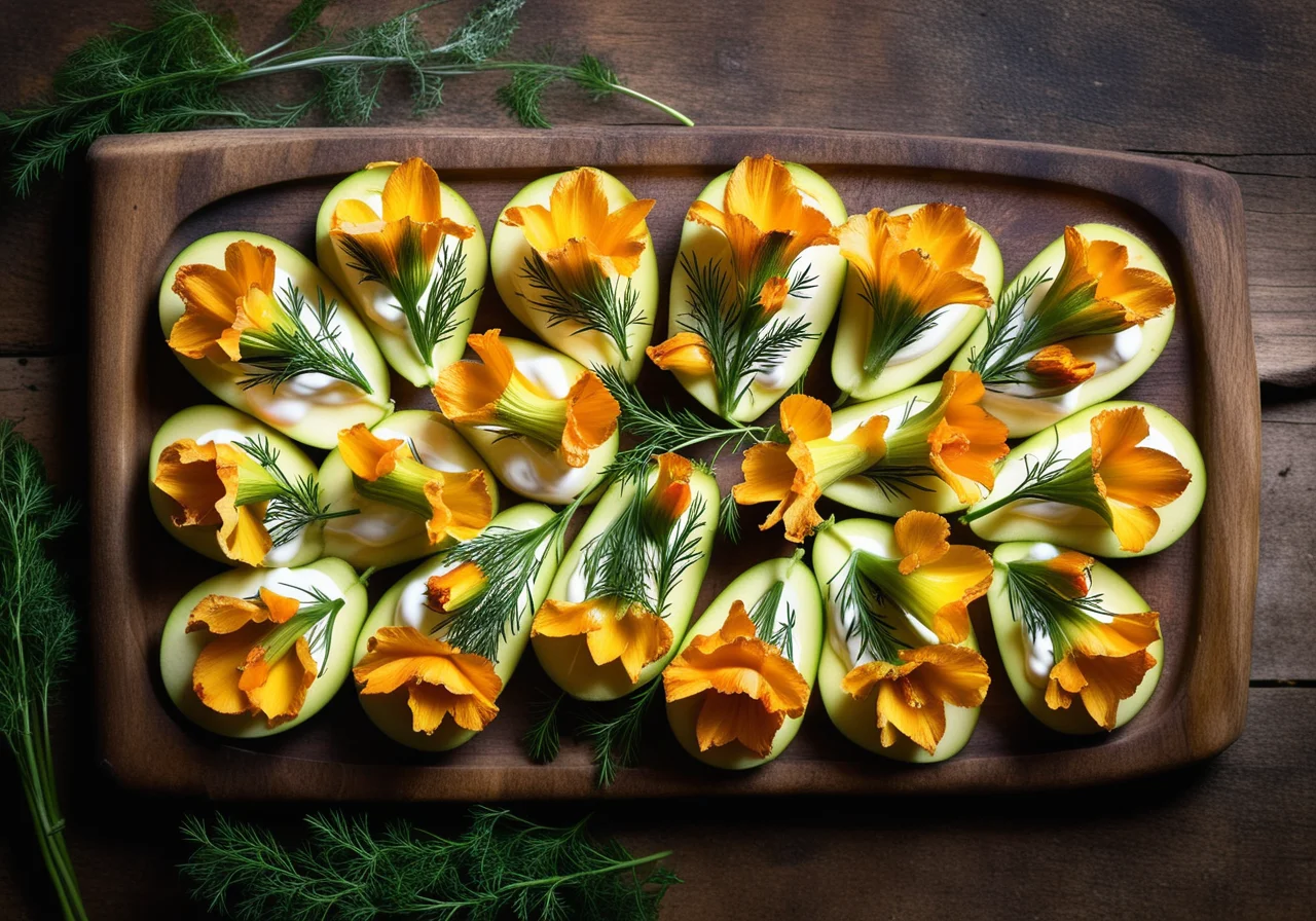 Zucchini Blossoms with Filling and Dill Yogurt Sauce