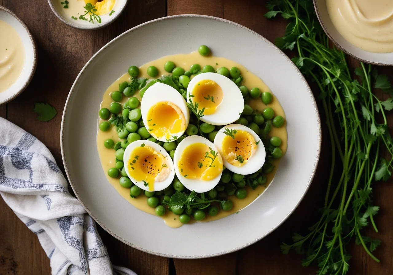 Soft-Boiled Eggs on Kohlrabi and Peas