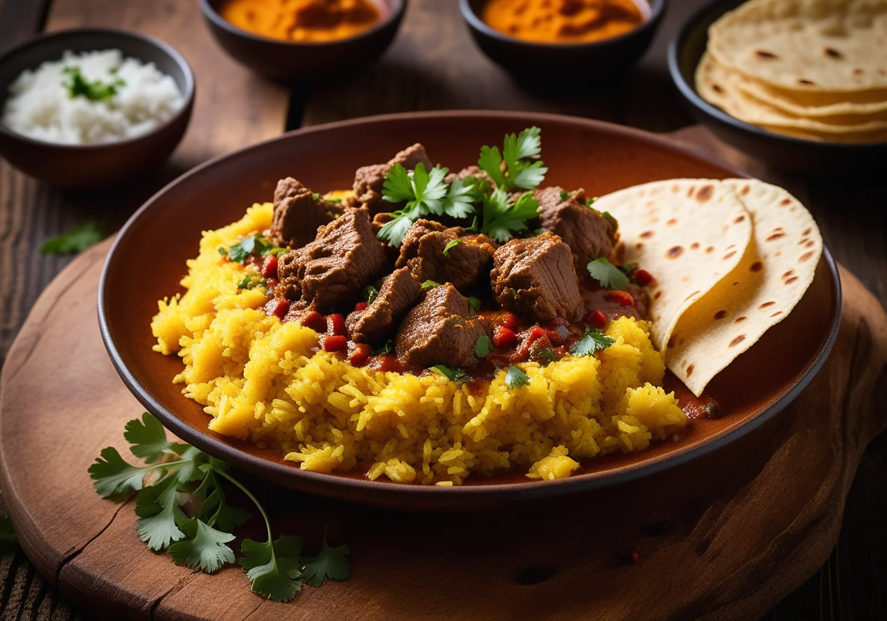 Spicy Lamb Curry with Saffron Rice and Indian Bread (Papadam)