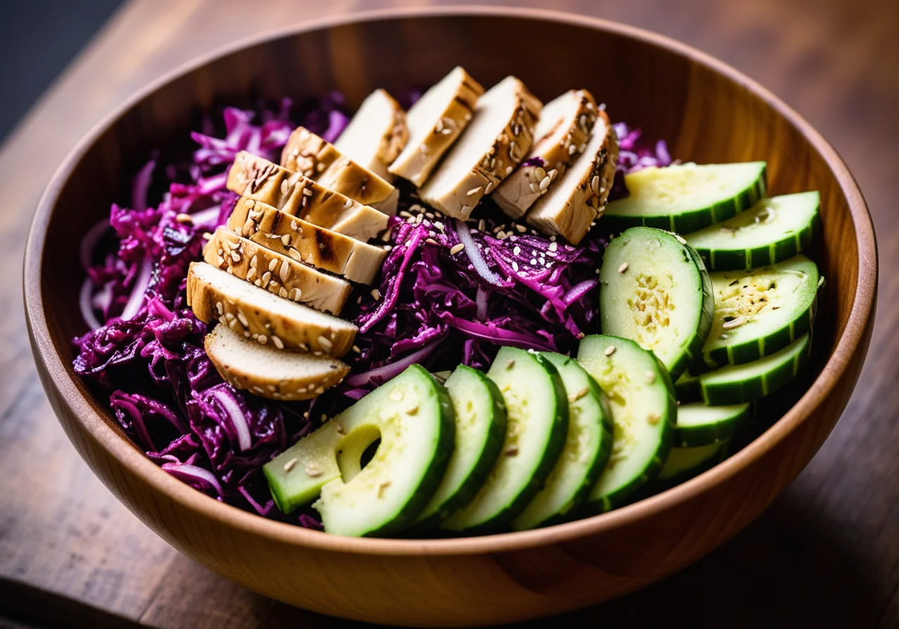 Red Cabbage Salad with Zucchini, Sesame and Chicken