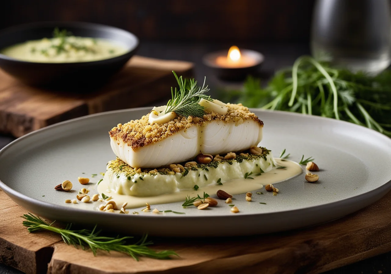 Fish Fillet with Nut Herb Crust and Leek Vegetables
