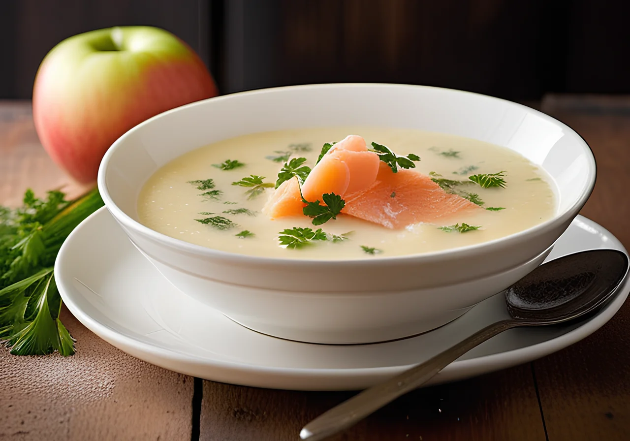 Potato Cream Soup with Horseradish, Smoked Salmon, Apple and Grana Padano