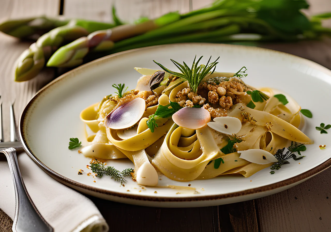 Pasta with Wild Garlic Sauce and Fried Asparagus