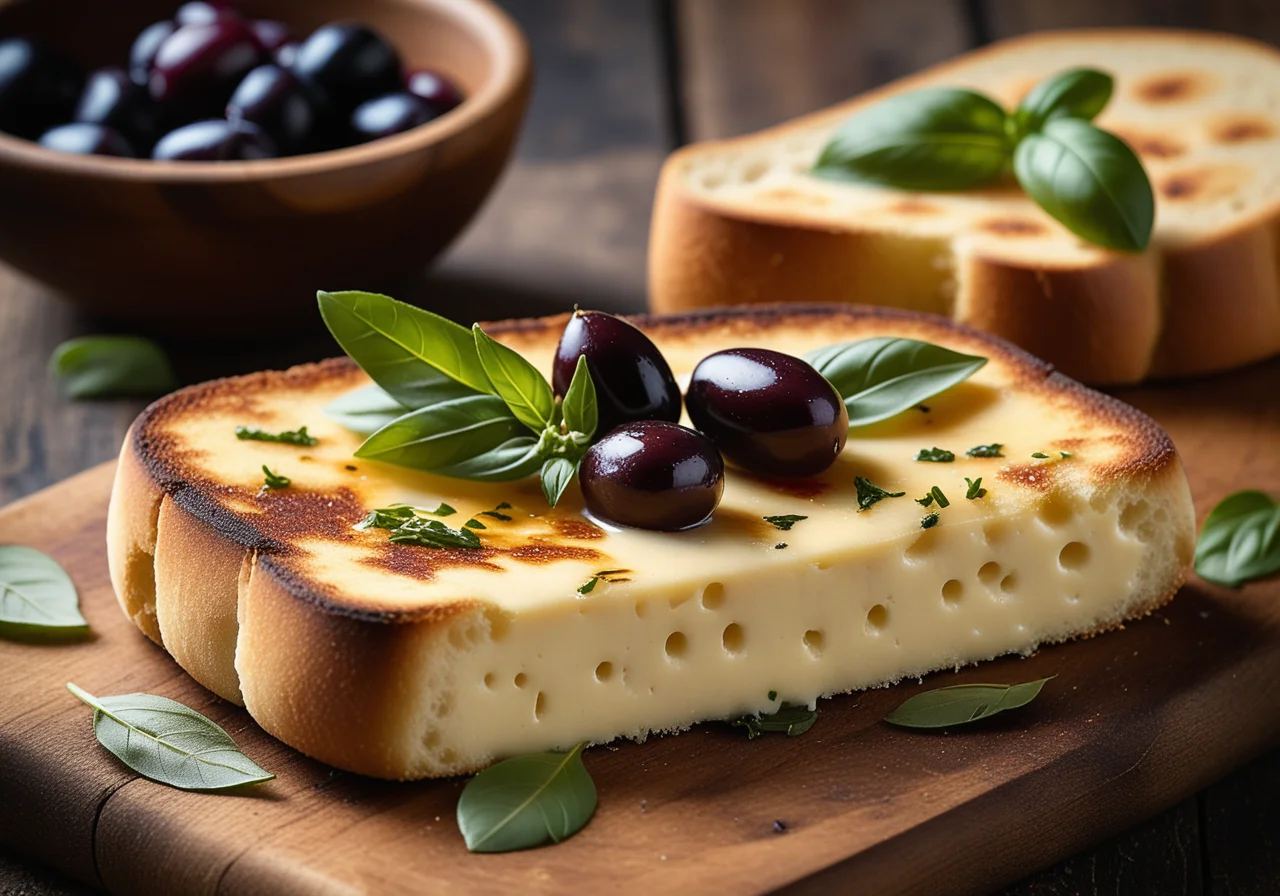 Fried Cheese with Bread Crumbs and Olives