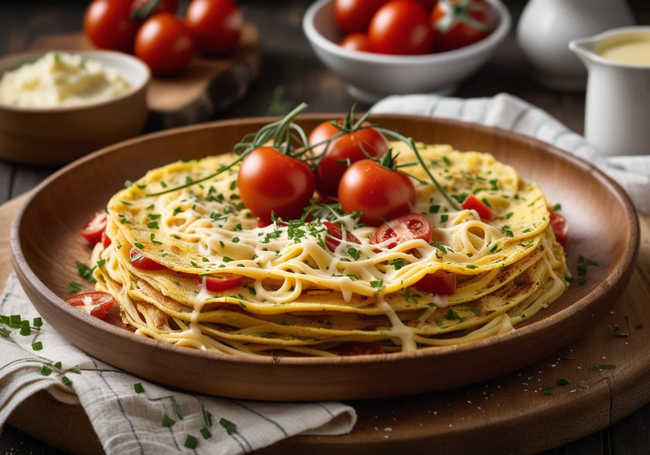 Omelette with Noodle Chives Tomato Filling
