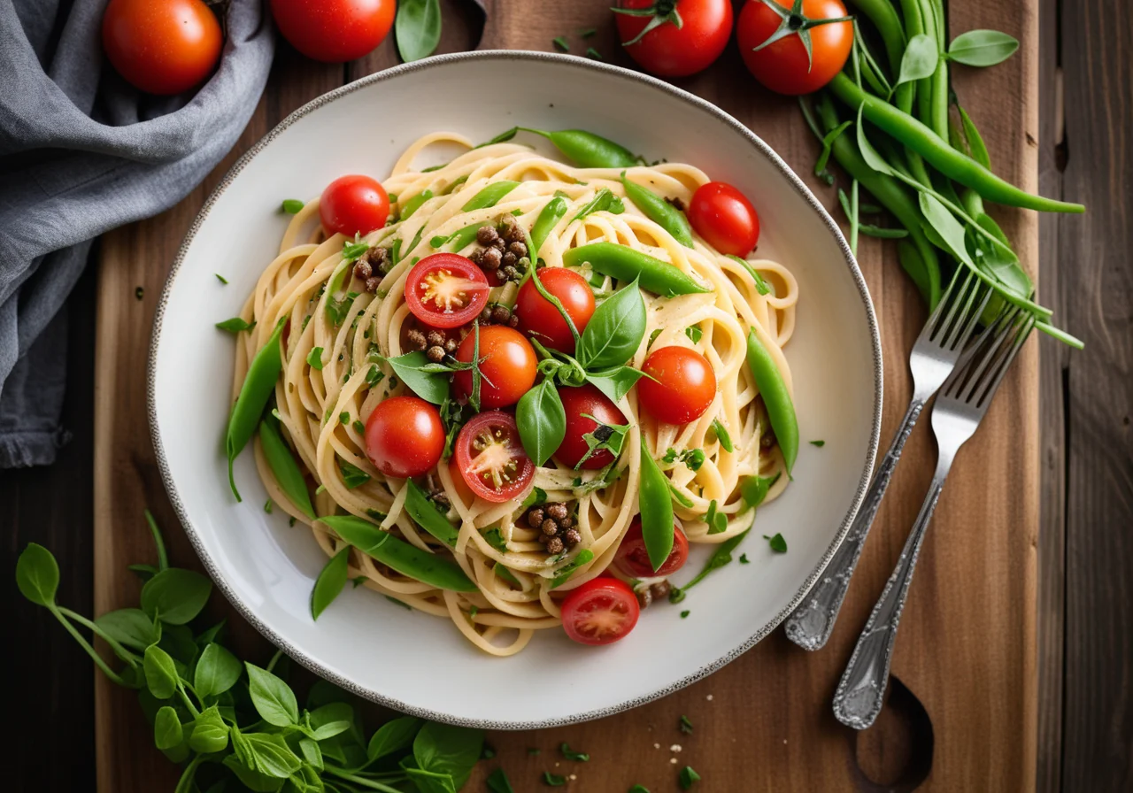 Spaghetti with Vegetables and Cream Sauce