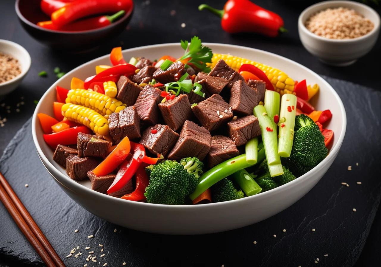 Stir-Fried Beef with Vegetables in a Wok