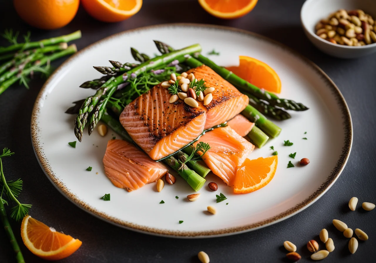 Salmon Fillet with Green Asparagus, Carrots and Pine Nuts
