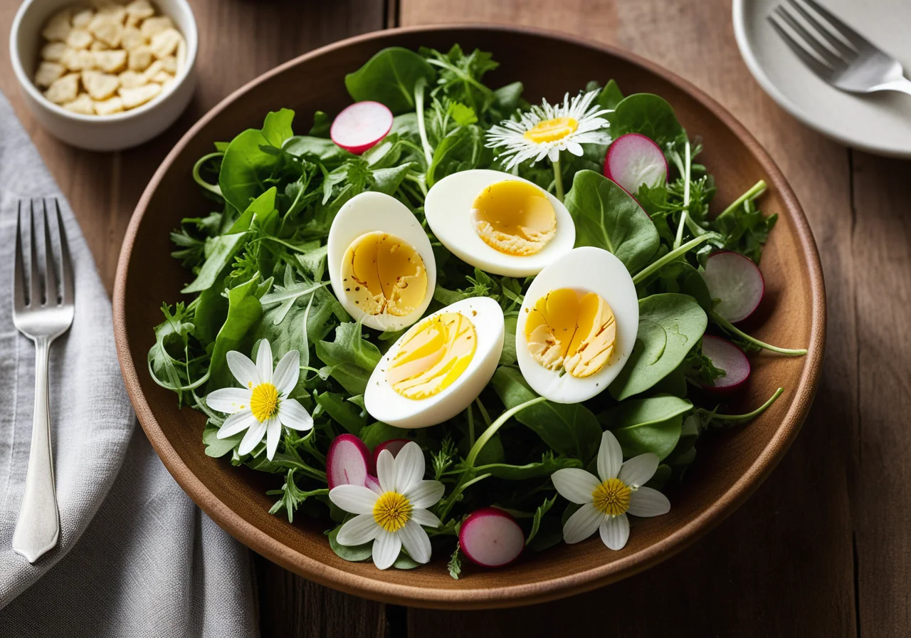Leafy salad with herbs and flowers