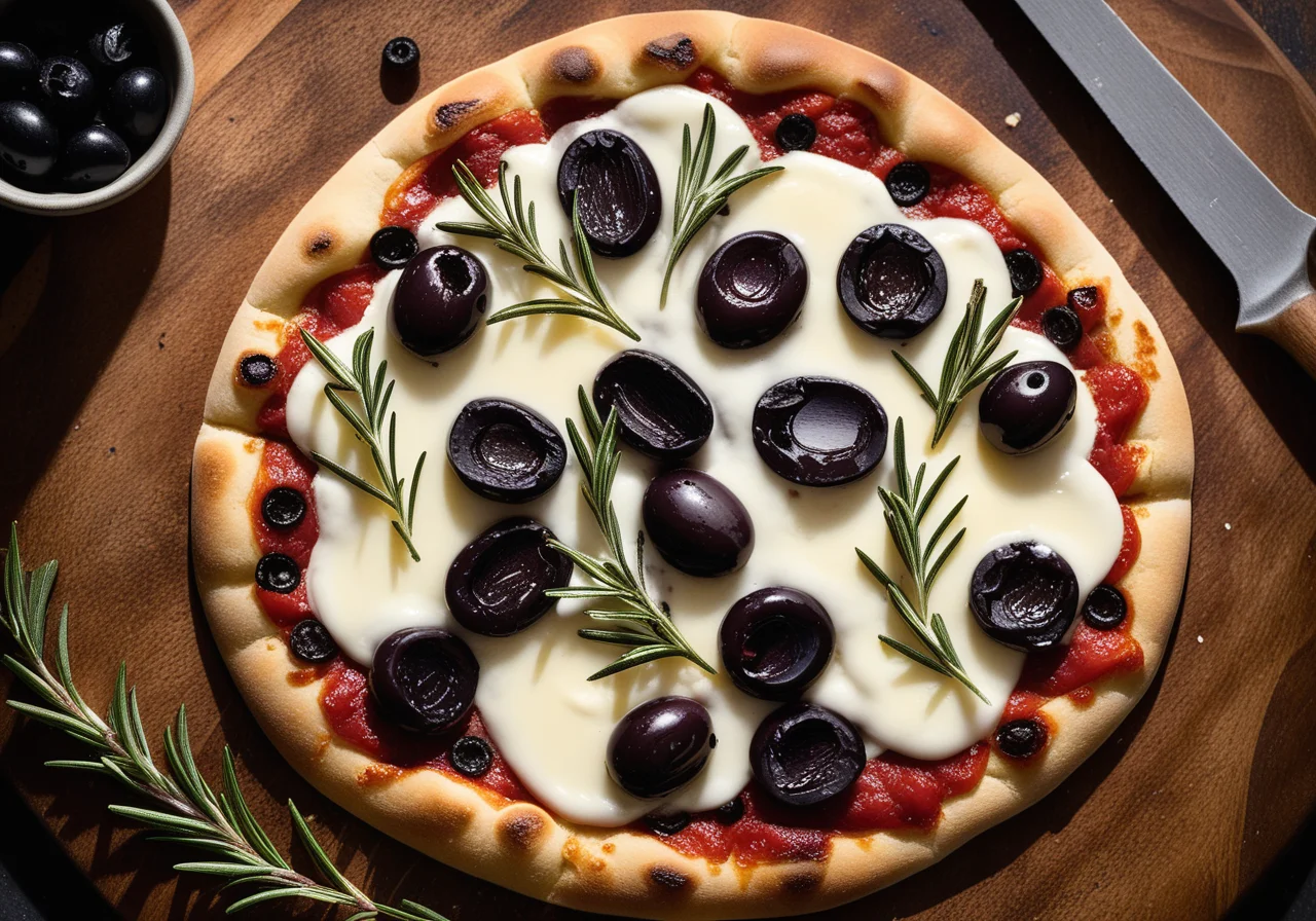 Olive and Rosemary Pizza Flatbread with Mozzarella