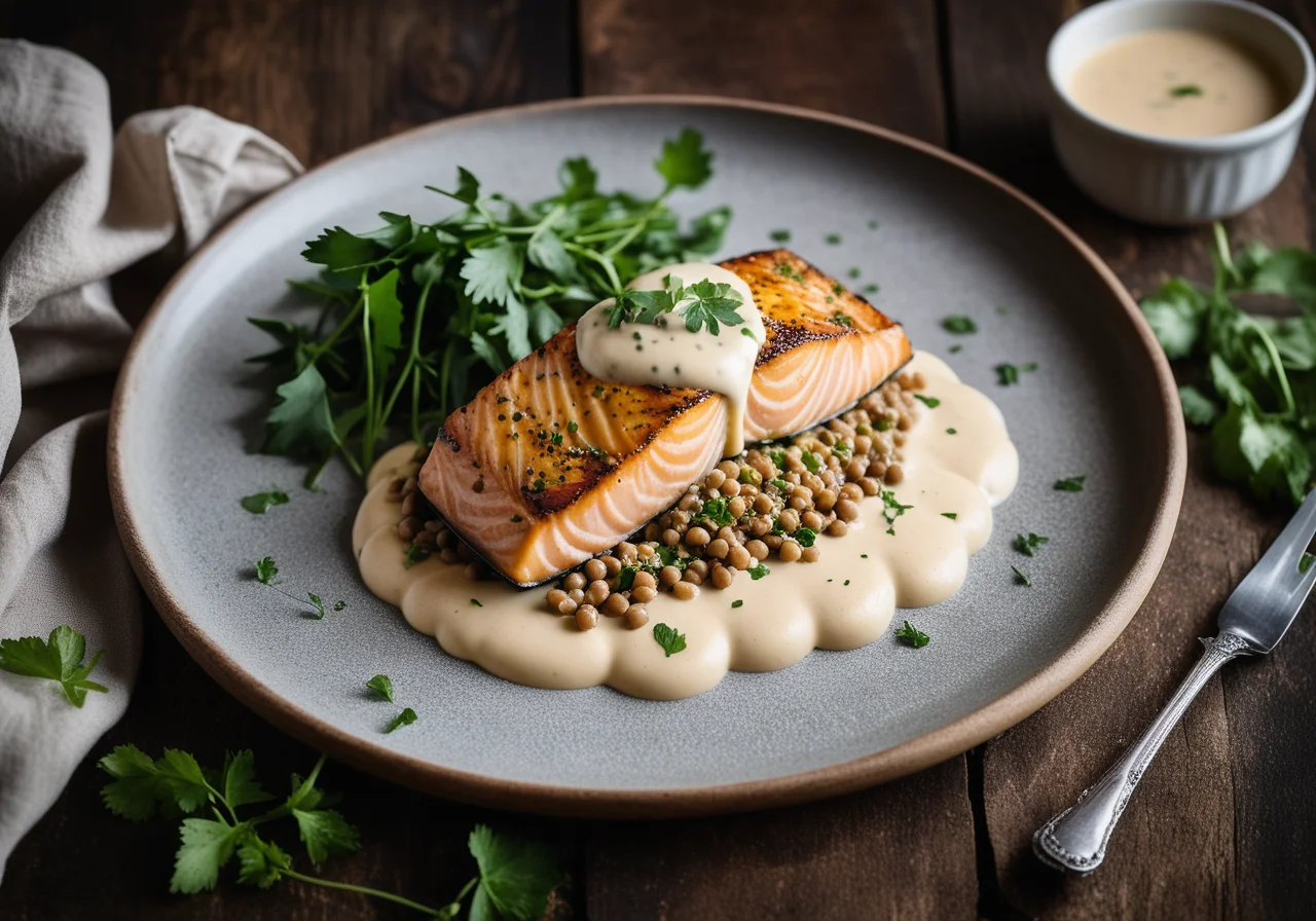 Salmon Trout Fillets with Kohlrabi Lentils and Beer Sauce