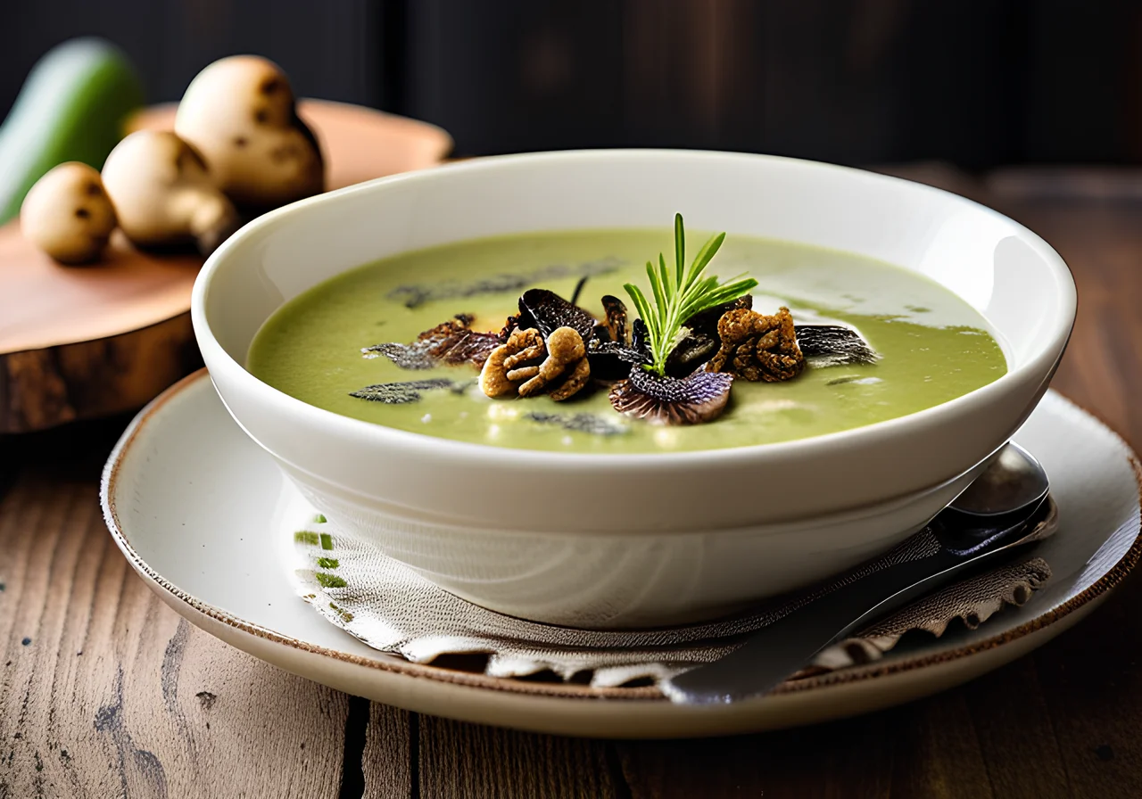 Zucchini Cream Soup with Fried Morel Mushrooms