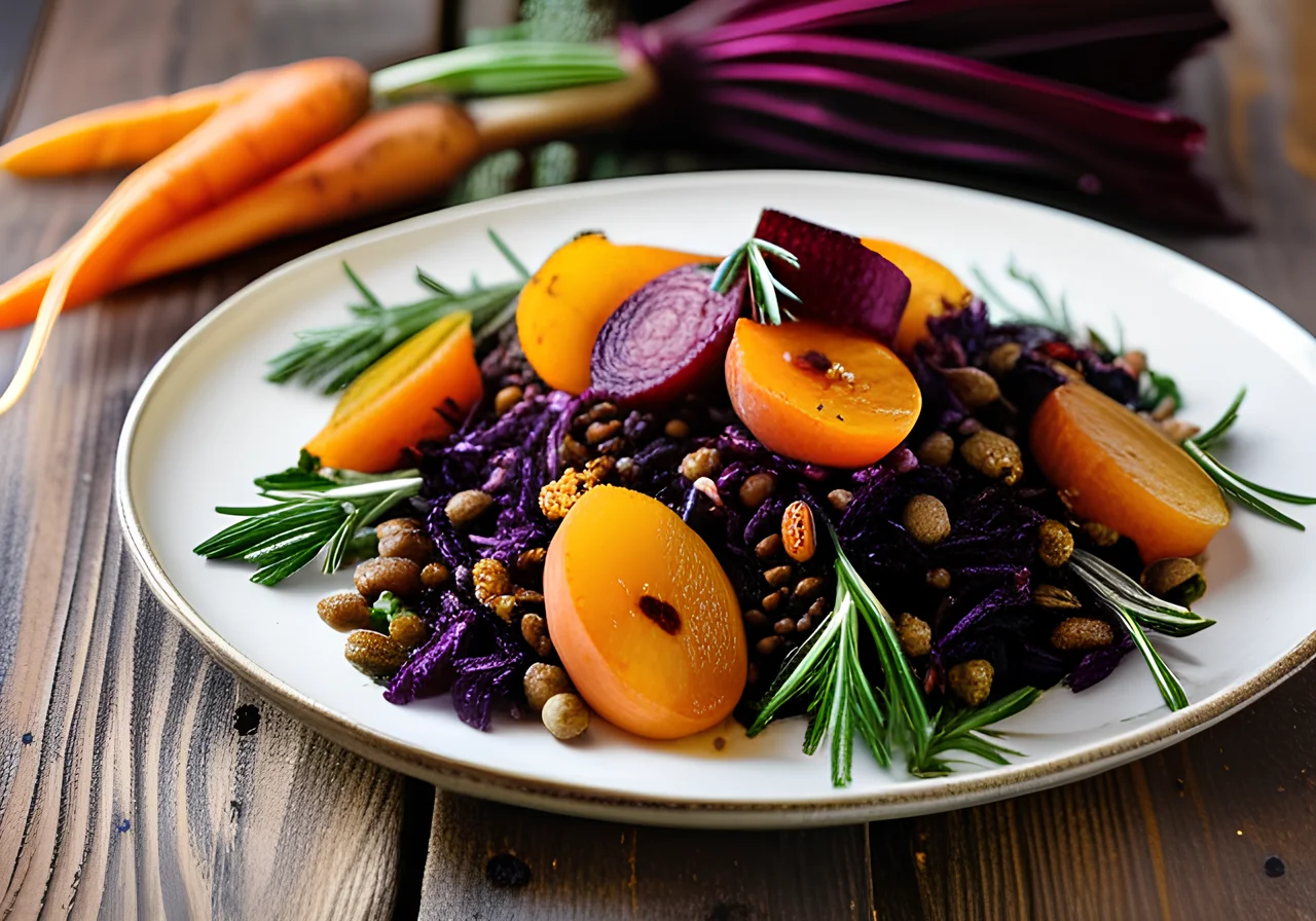 Oven Roasted Vegetable Salad with Lentils and Apricot Seaweed Oil Dressing